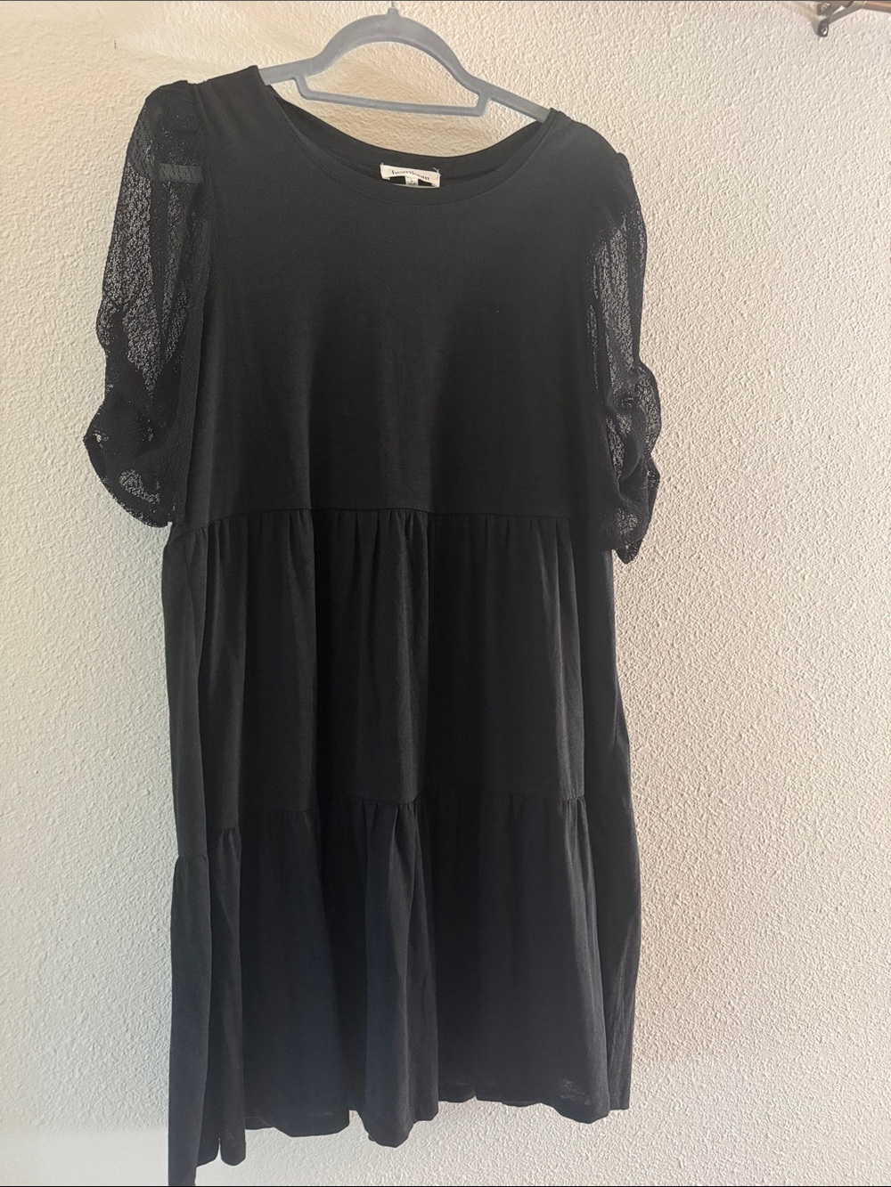 Heartloom Cotton Black Tiered Dress with Sheer Puff lace Sleeves